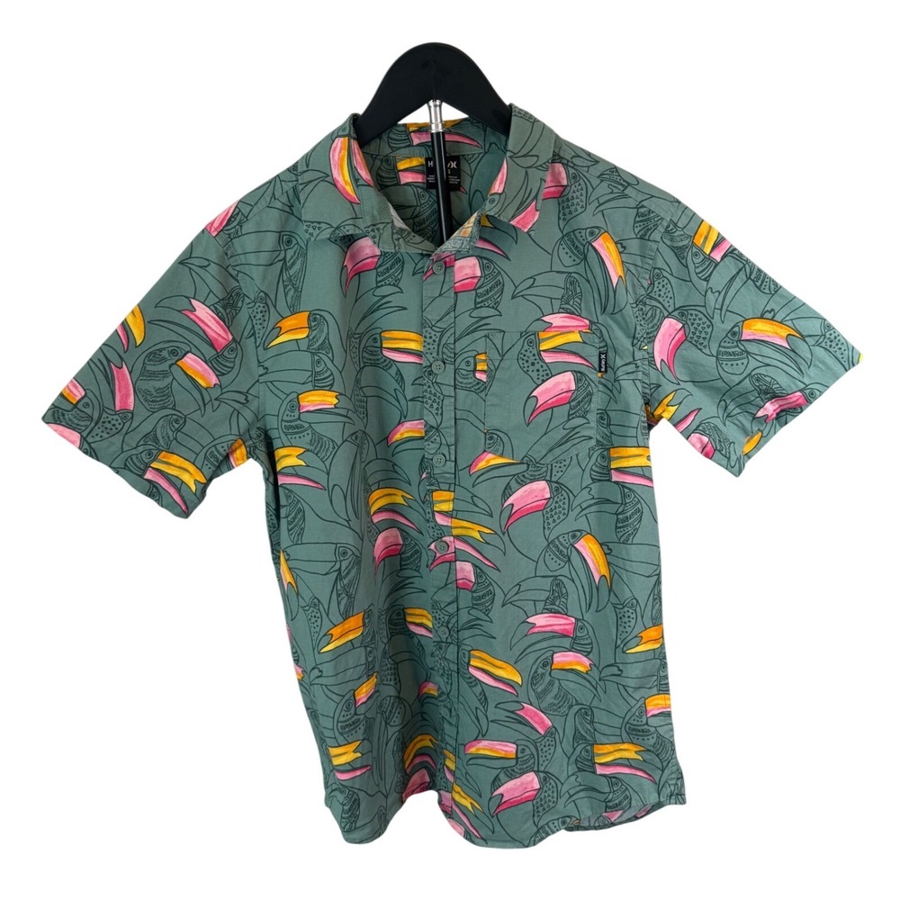 Hurley Mens SM Toucan Bird Print Button-Down Shirt Green Short Sleeve Tropical - Picture 2 of 10